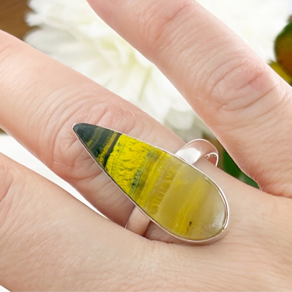 Solid Sterling Silver 925 Bumblebee Jasper Long Ring Size 10 Southwest Handmade - Picture 4 of 8